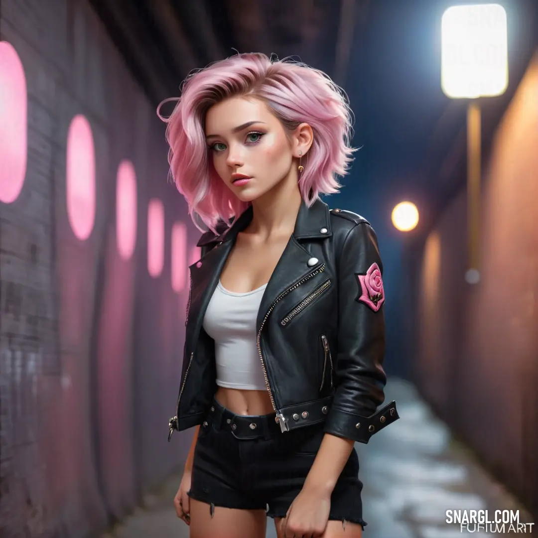 Woman with pink hair and a leather jacket is standing in a tunnel