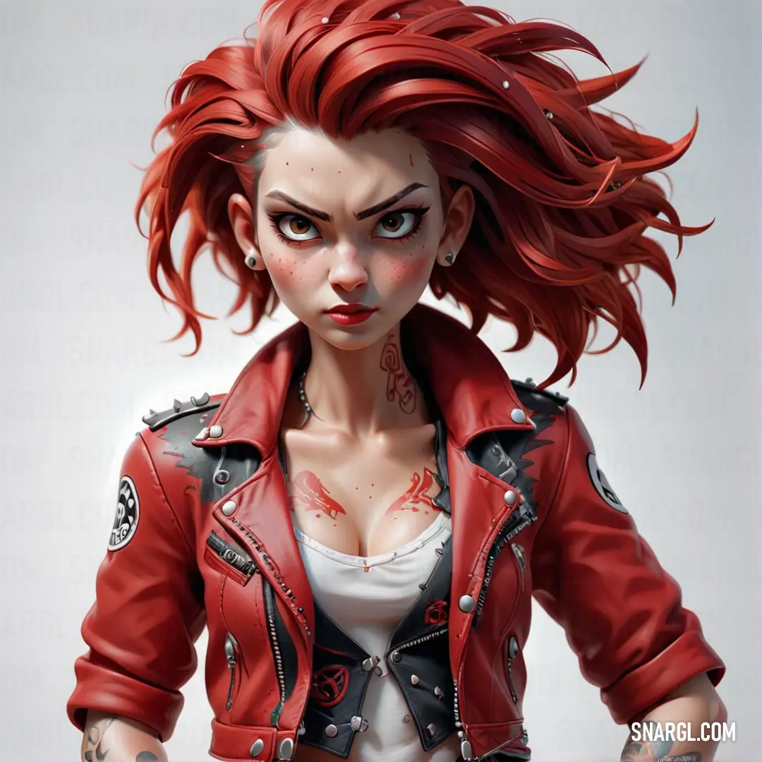 Woman with red hair and piercings wearing a red leather jacket and white shirt