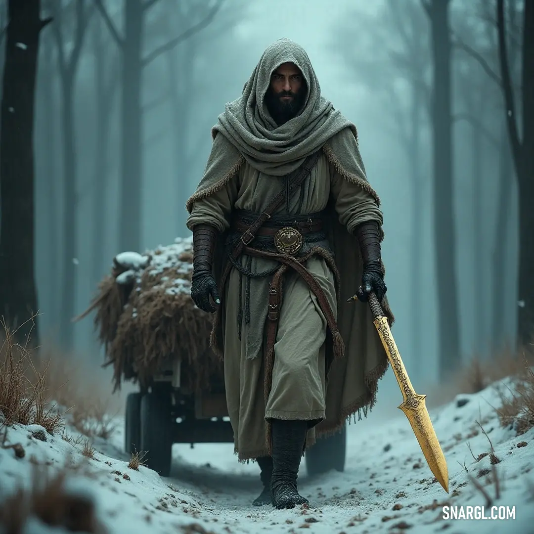 With a resolute expression, Roderick, wrapped in a hooded outfit, trudges through the snow, sword drawn, accompanied by a cart that hints at the secrets and adventures waiting to be revealed in the wilderness. Roderick, in a hooded ensemble, navigates through icy terrain with determination, his sword poised for action, while a cart laden with mysteries follows closely behind, hinting at untold adventures.