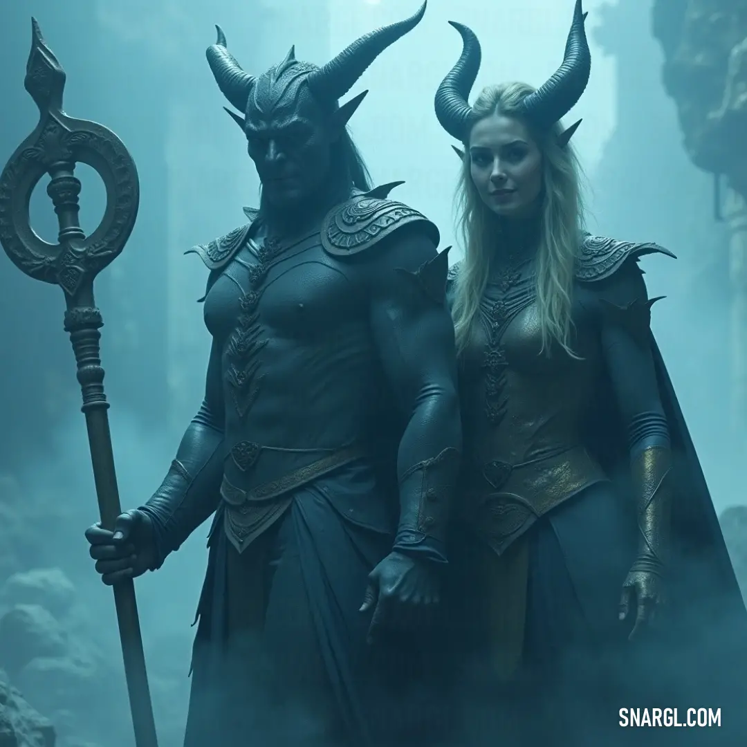 In a fog-laden landscape, a couple adorned with majestic horns stands together, enveloped in an ethereal and enchanting atmosphere. In a mystical fog, a couple stands together, both wearing majestic horns that hint at an otherworldly nature. The soft mist envelops them, creating a serene and enchanting atmosphere as they share a moment of connection amidst the ethereal landscape.