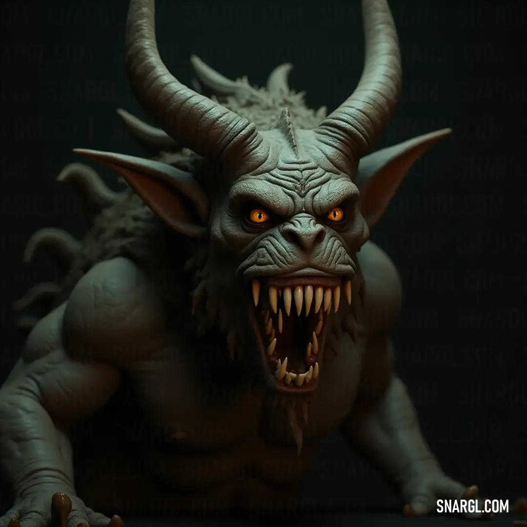 A Demonic Rofocale with imposing horns and jagged teeth, radiating a powerful and unsettling presence in a dimly lit environment. A fearsome Rofocale stands menacingly, its large horns curled dominantly above a mouth filled with sharp teeth, exuding an aura of darkness and ferocity.