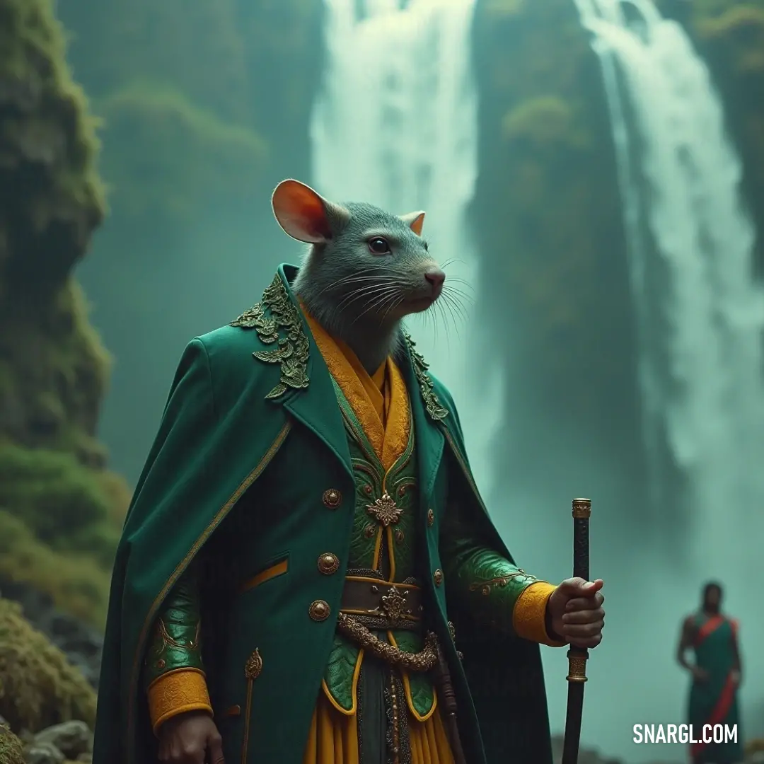 Rogar, clad in vibrant hues of green and yellow, exudes charisma as he stands by a waterfall, wielding a staff that symbolizes power and nature's majesty. Rogar, adorned in a splendid green and yellow ensemble, stands majestically before a cascading waterfall, holding a staff that glimmers with an aura of wisdom and harmony.