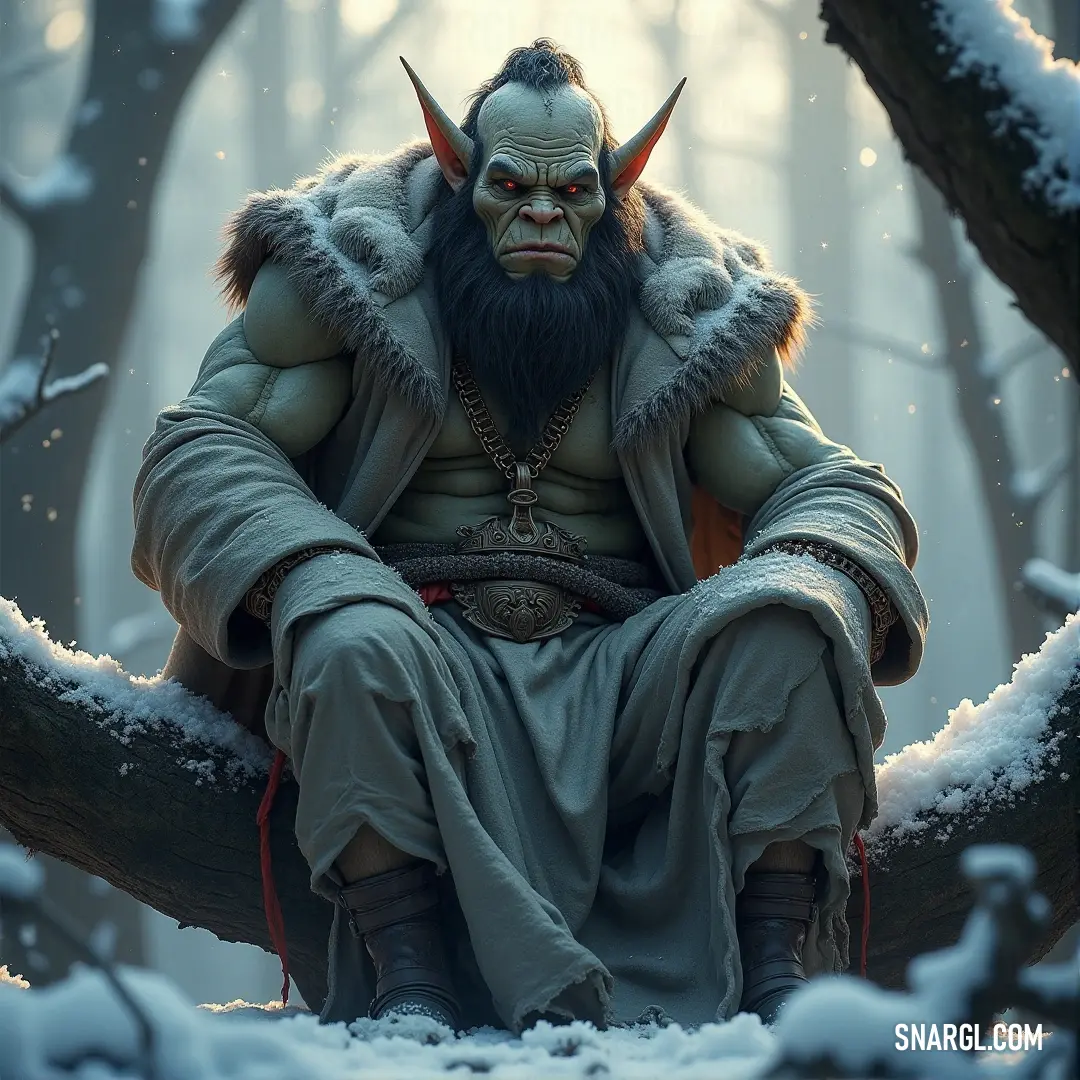 A character named Rokhan, dressed in a horned costume, confidently stands on a snow-covered tree branch. His hands are placed on his hips as he gazes into the wintery landscape, his figure bold against the icy backdrop.
