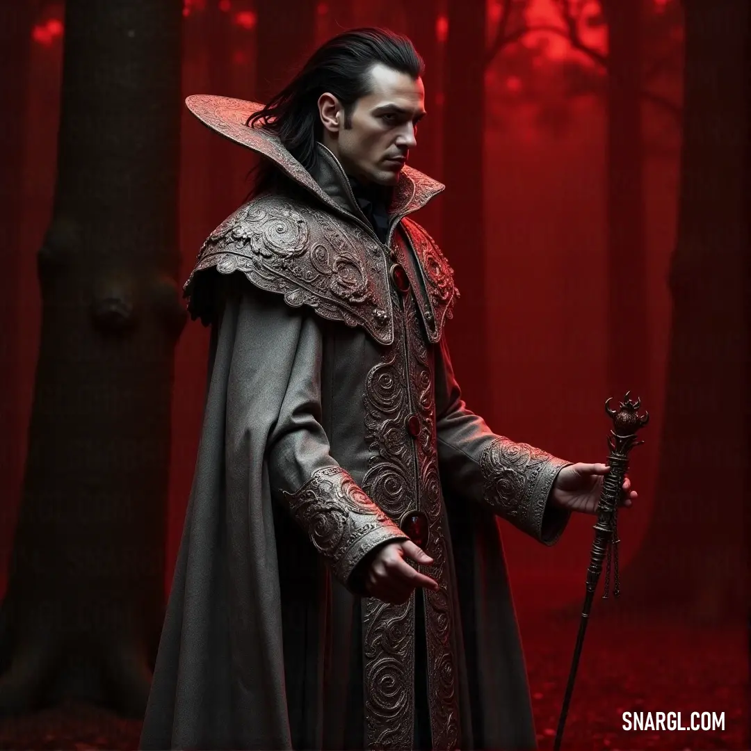 A warrior in red and black, holding a sword, stands in a forest, the glowing red lights in the background adding a sense of danger and urgency to the scene. A warrior dressed in red and black stands tall in the forest, gripping a sword. The fiery glow of red lights behind him casts an ominous light, creating a dramatic scene filled with tension and anticipation.
