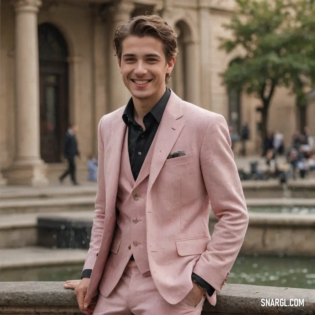 Man in a pink suit standing in front of a fountain in a city square