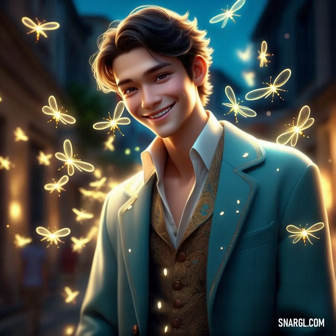 Man in a suit and tie standing in front of a street with butterflies flying around him and smiling