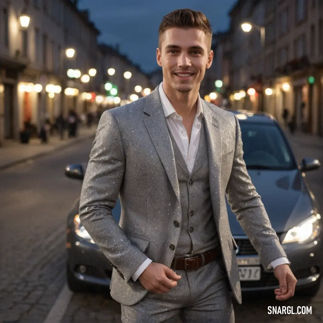 Man in a suit standing in front of a car on a street at night