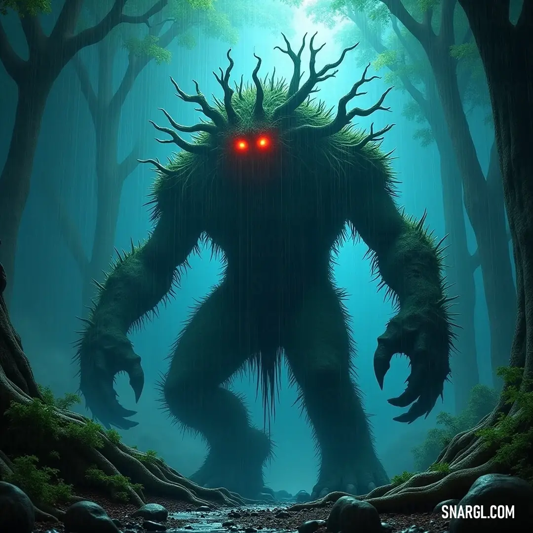 In the heart of an enchanted forest, the mesmerizing Giant Rootthorn moves stealthily, its luminous eyes shining brightly as it weaves through a captivating environment of rocks and trees. An imposing creature known as the Giant Rootthorn prowls through a mystical forest, its glowing eyes captivating the viewer as it navigates through a maze of rocks and ancient trees.