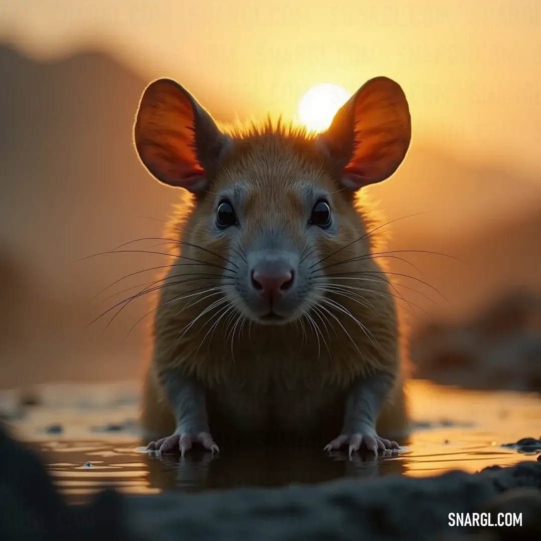 A rugged brown creature perches on rocky ground, beautifully complemented by a mesmerizing sunset and a tranquil body of water in the background, exuding a sense of calm. A brown creature stands proudly atop a rocky terrain, framed by a stunning sunset that reflects off the nearby body of water, creating a serene and picturesque landscape.