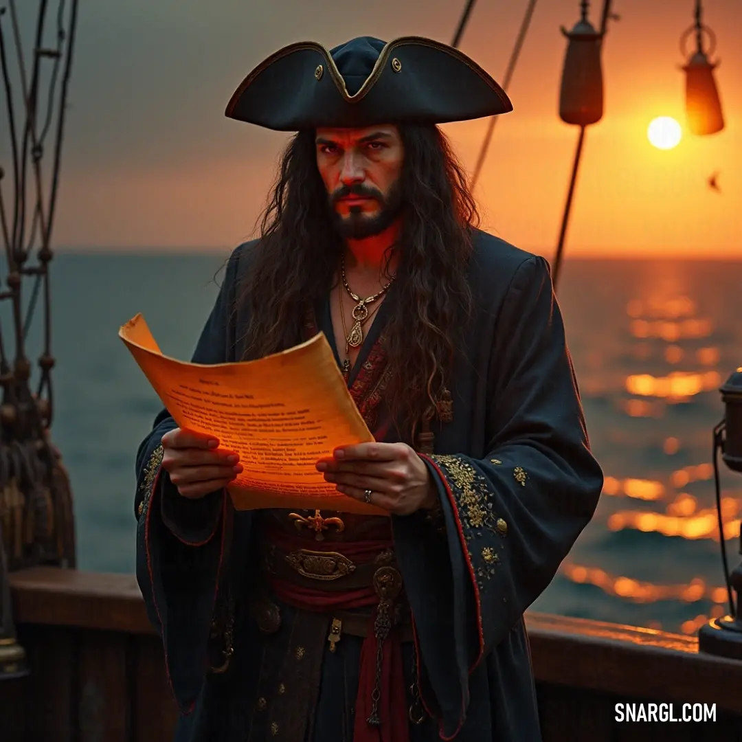 A thoughtful pirate reading on a boat during a stunning sunset, embracing the moment. Amidst the captivating hues of sunset, a pirate-themed character is engrossed in reading a paper on the deck of a boat, the waves gently rocking the vessel as the sun sets behind, creating a picturesque moment of contemplation.