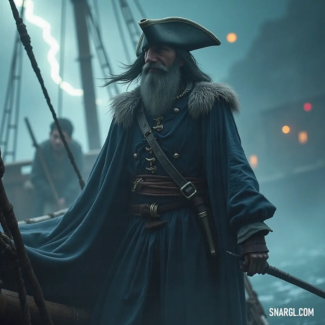 A bold pirate in a striking costume stands on a ship in the ocean, evoking a sense of adventure and discovery. A fearless pirate stands confidently on the deck of a weathered ship, the ocean waves crashing around him. With a bushy beard and an ornate costume, he gazes toward the horizon, embodying the spirit of adventure and the call of the sea.