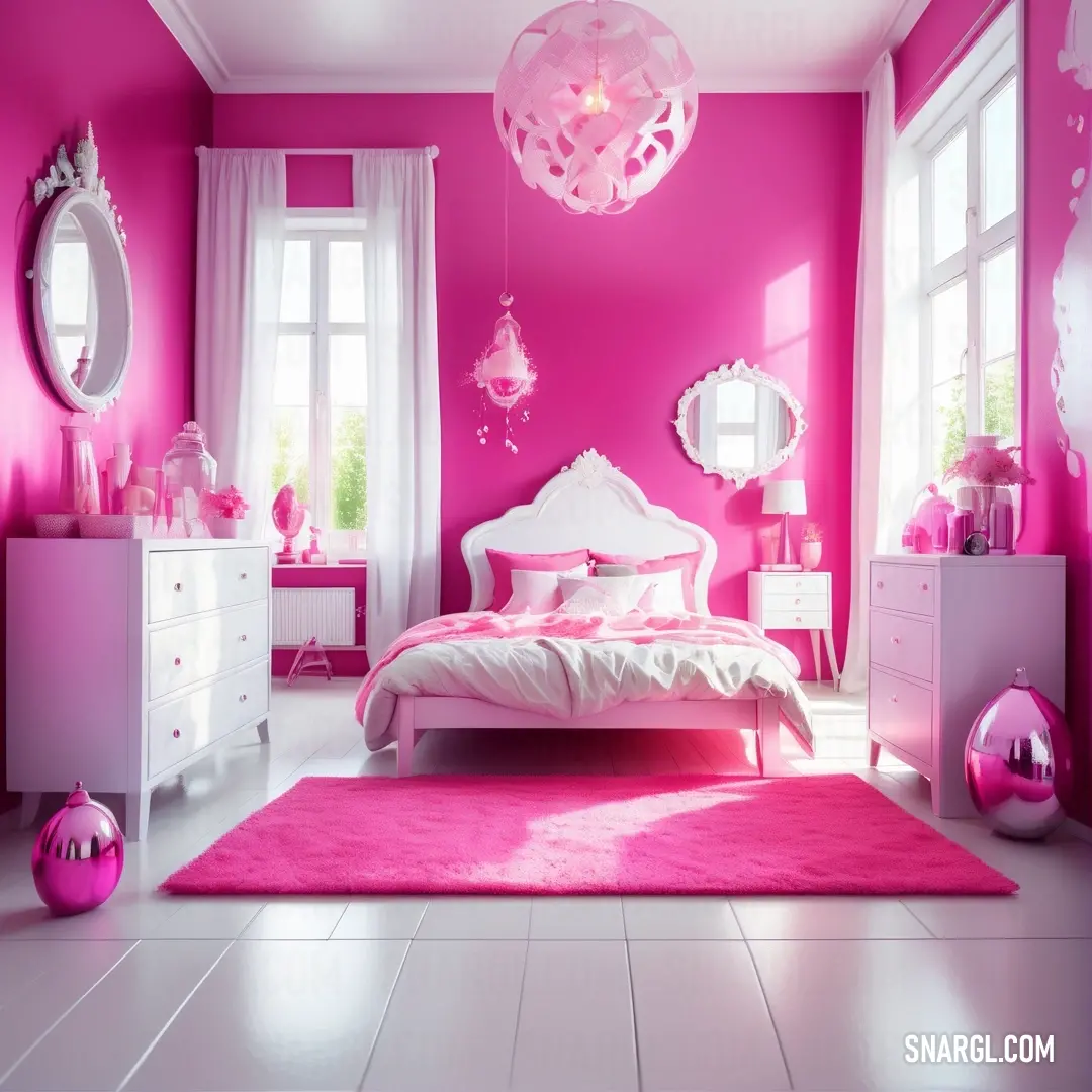 Bedroom with pink walls and white furniture and accessories on the floor. Example of CMYK 0,73,37,2 color.