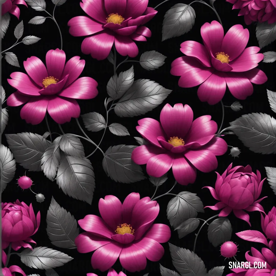 Black and pink flowered background. Example of CMYK 0,73,37,2 color.