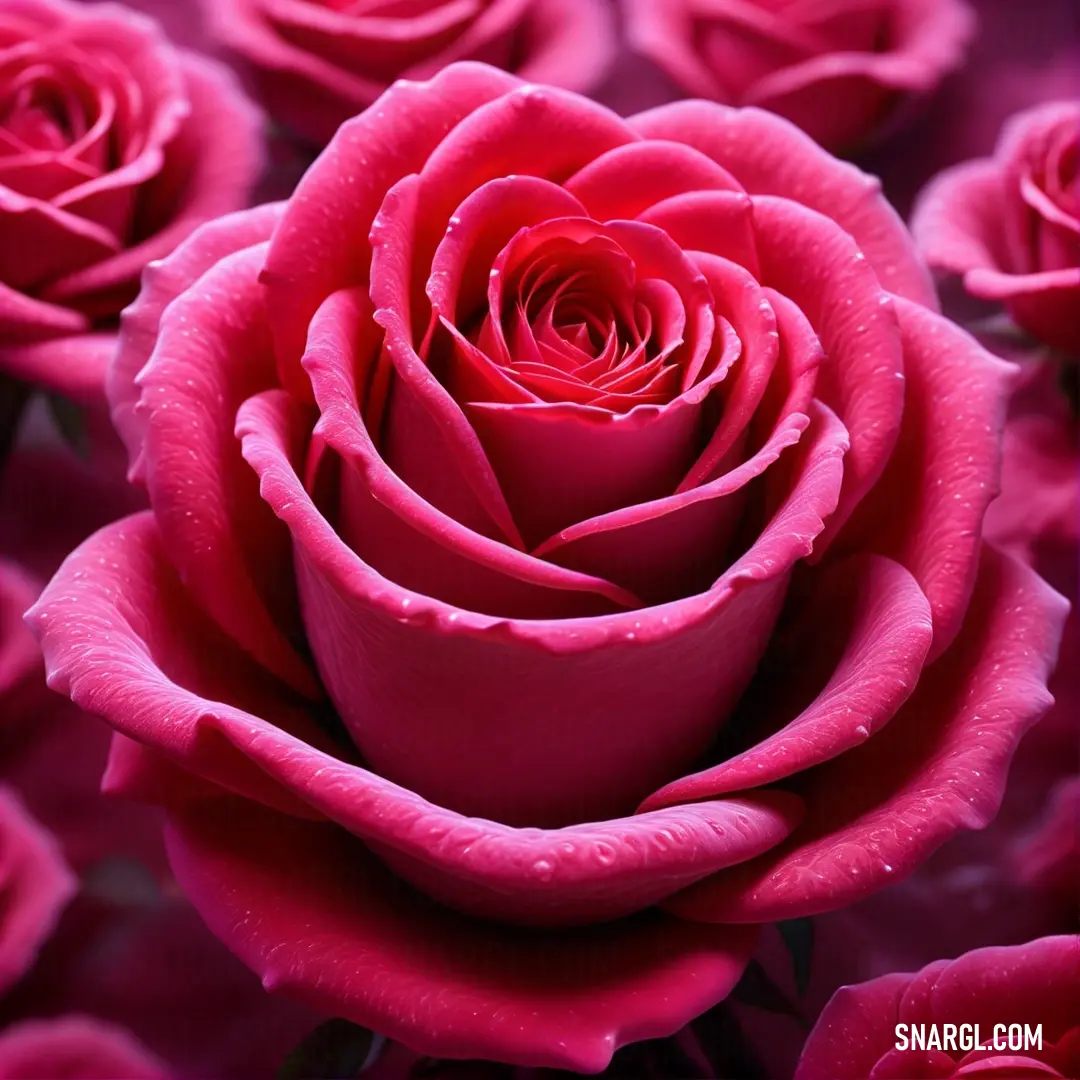 Close up of a pink rose with water droplets on it's petals and petals are in full bloom. Example of RGB 249,66,158 color.