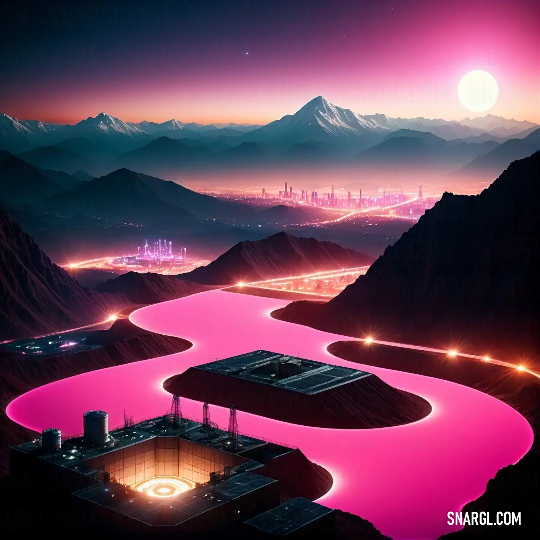 Futuristic city with a pink river running through it and a mountain range in the background at night time. Color RGB 249,66,158.