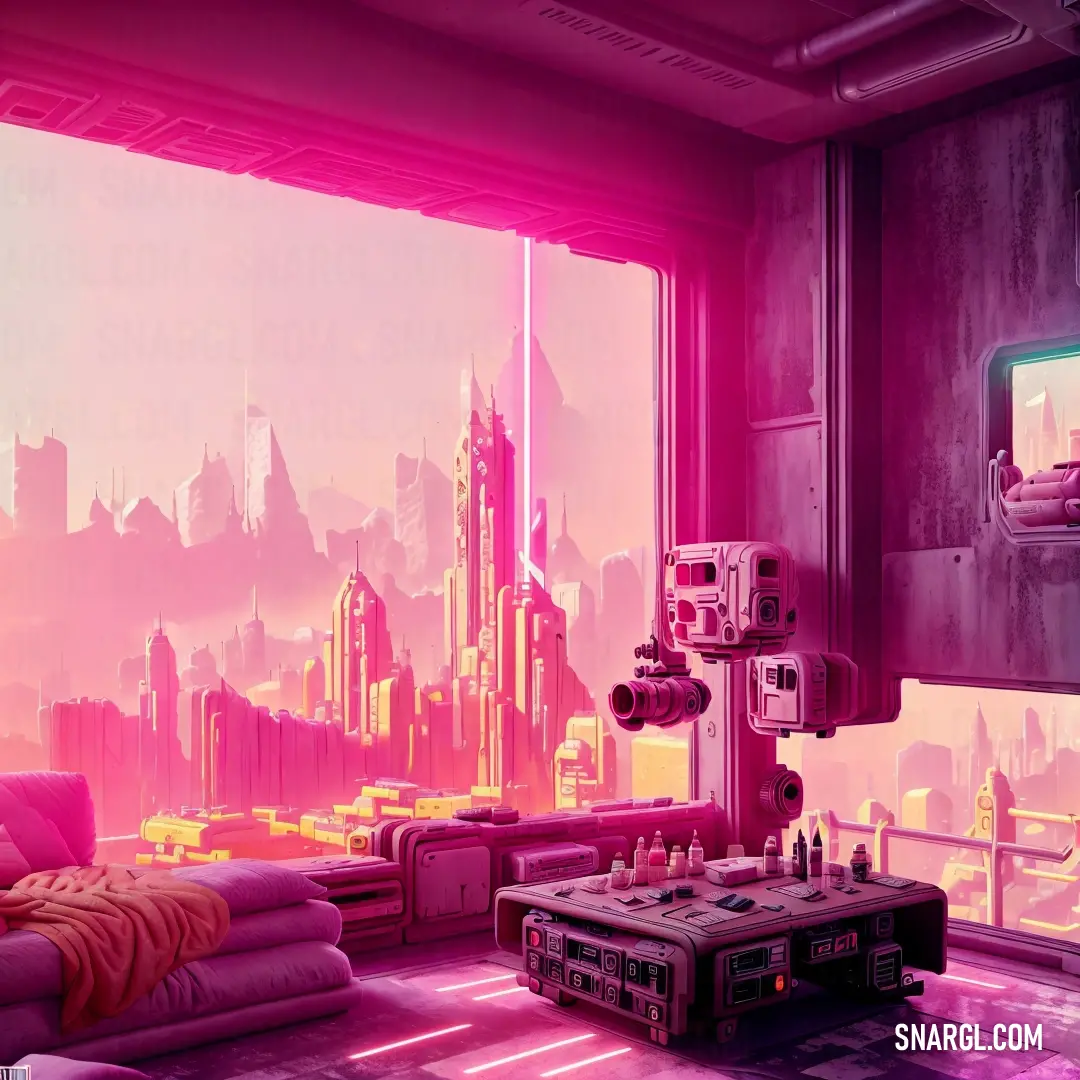 Futuristic living room with a pink light coming from the window and a city skyline outside the window