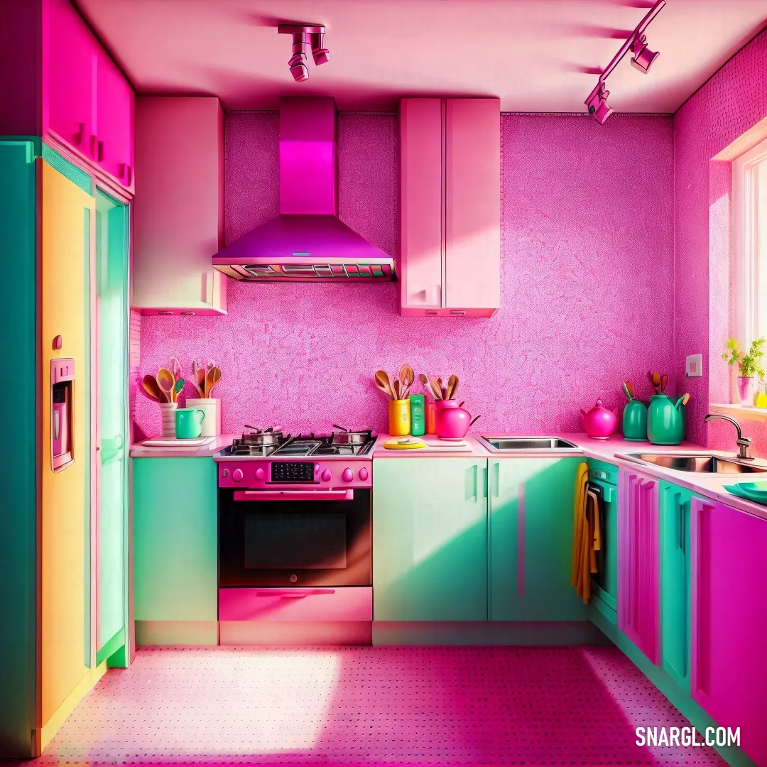 Kitchen with a pink and green color scheme and a stove top oven and sink area with a pink