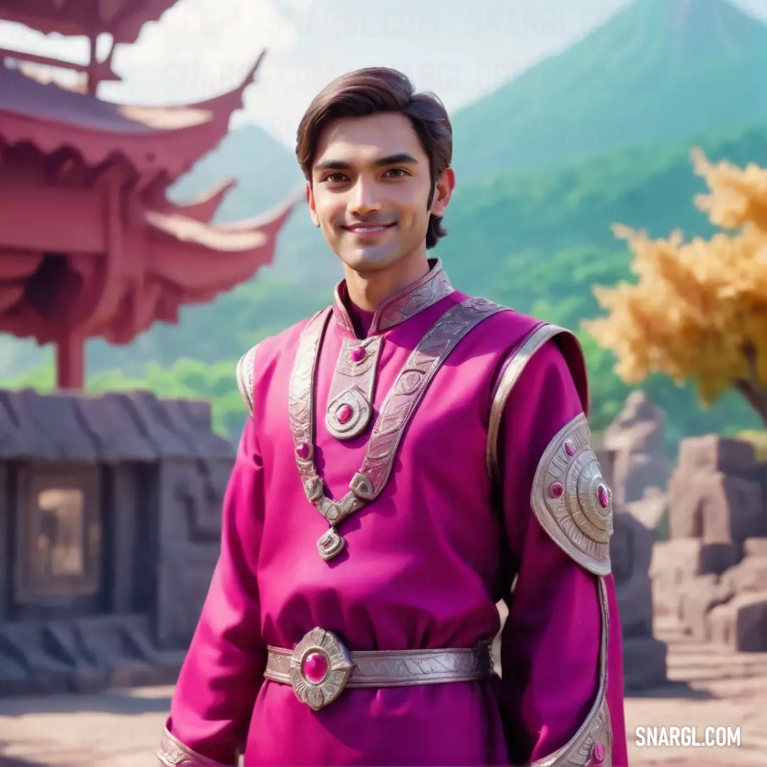 Man in a pink outfit standing in front of a mountain and pagodas with a mountain in the background. Color #F9429E.
