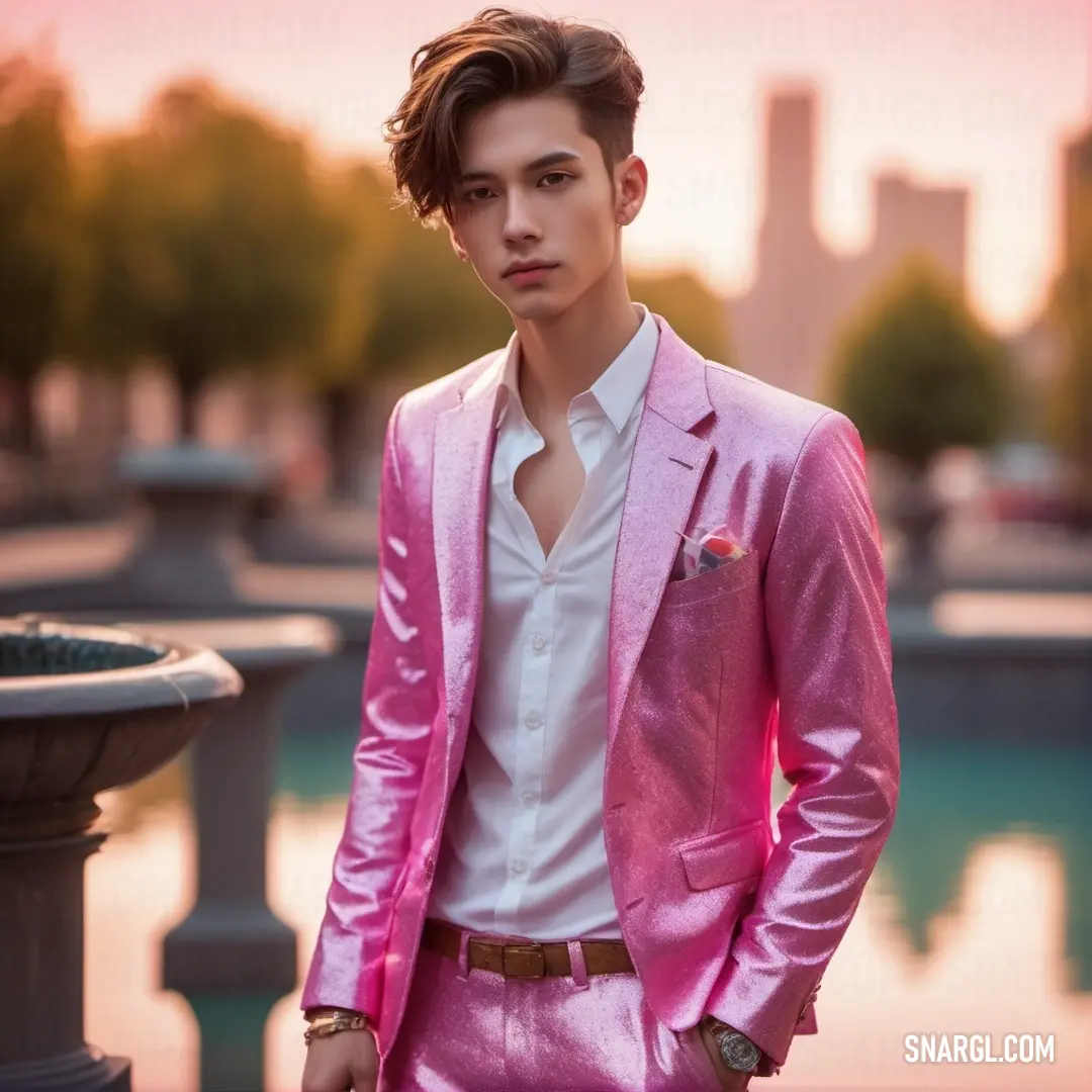Rose bonbon color example: Man in a pink suit standing next to a fountain with a city in the background