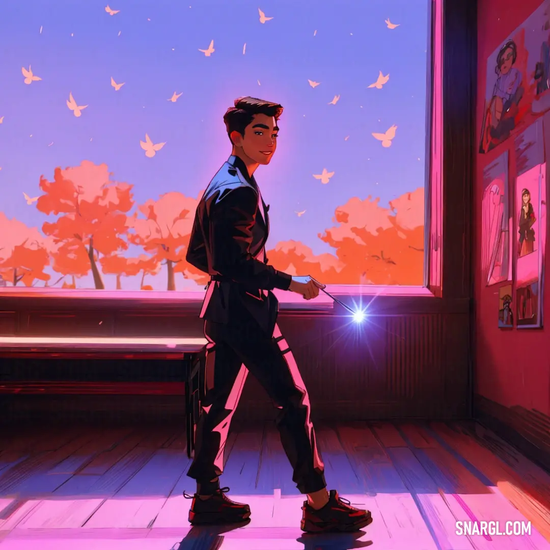 Man in a room with a purple background and a pink light on the wall