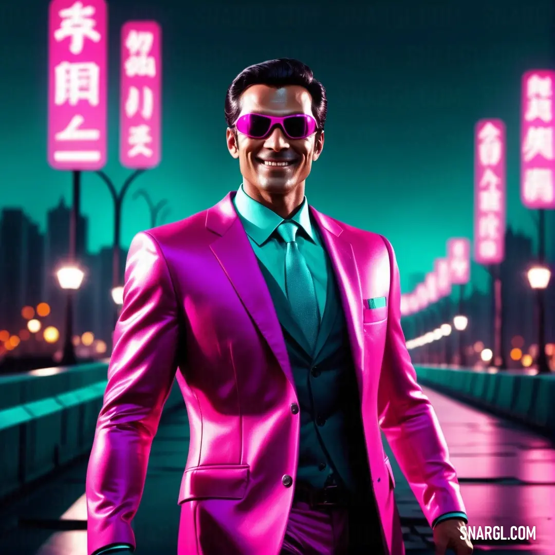 Man in a suit and sunglasses walking across a bridge at night with neon lights on the buildings behind him. Color CMYK 0,73,37,2.