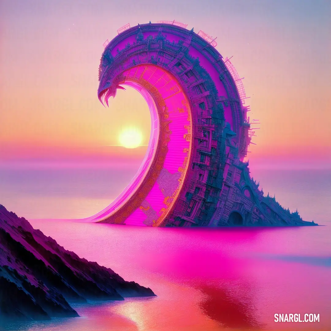 Painting of a giant wave in the ocean at sunset with a pink hued sky and a pink and blue background