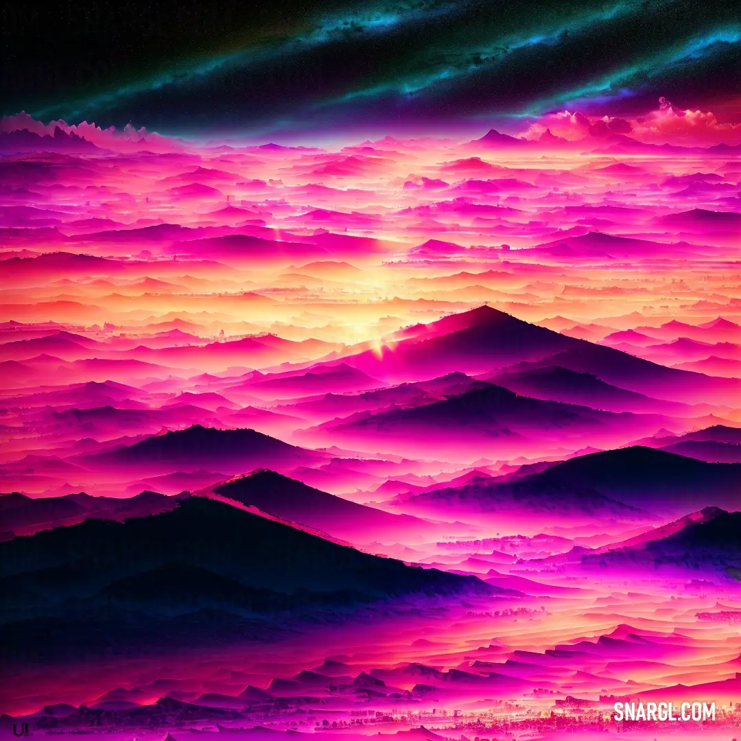 Painting of a mountain range with a colorful sky in the background and a sunset in the middle of the picture