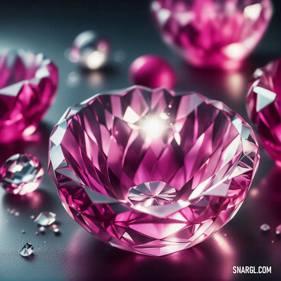 Pink diamond surrounded by other pink diamonds and diamonds on a table top with a black background. Example of #F9429E color.