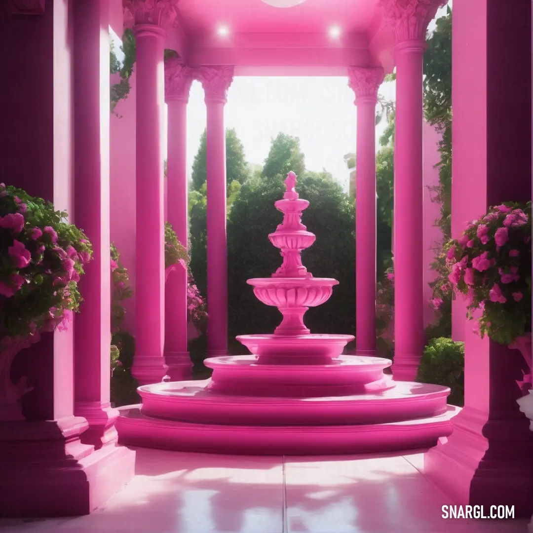 Pink fountain in a pink room with pink walls and columns and flowers in the foreground. Color #F9429E.