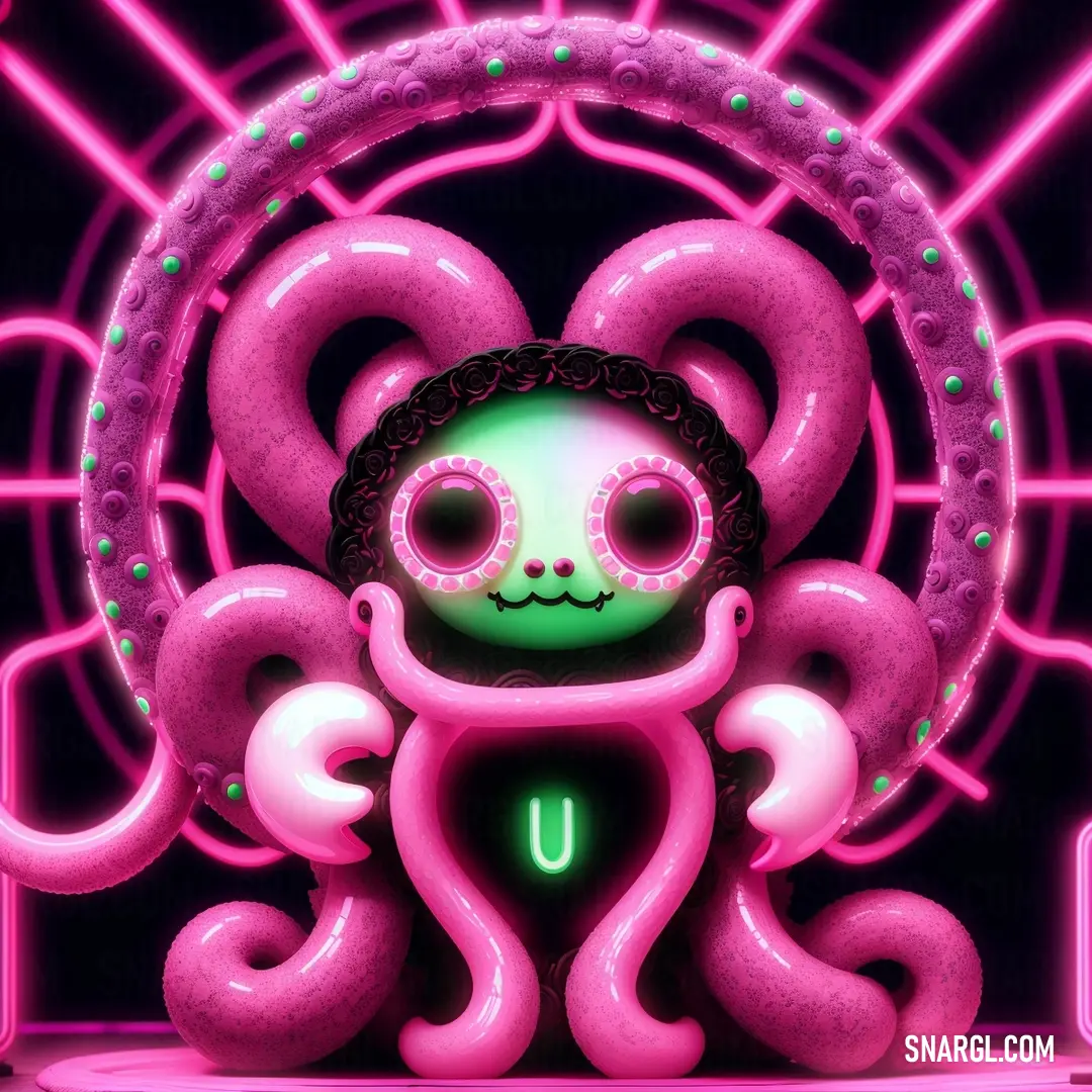 Pink octopus with a skull on its head and a neon green light behind it