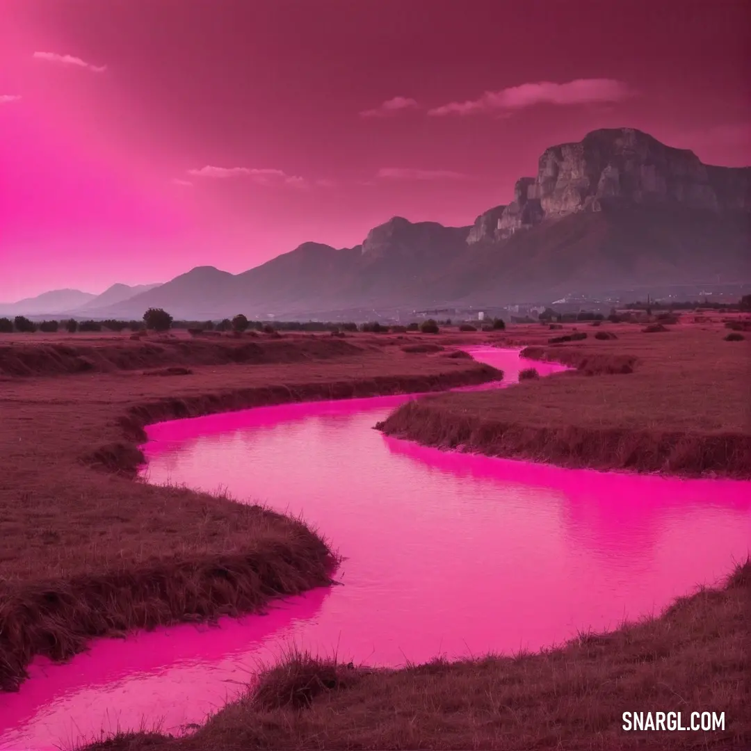 Pink river in a field with mountains in the background. Example of #F9429E color.