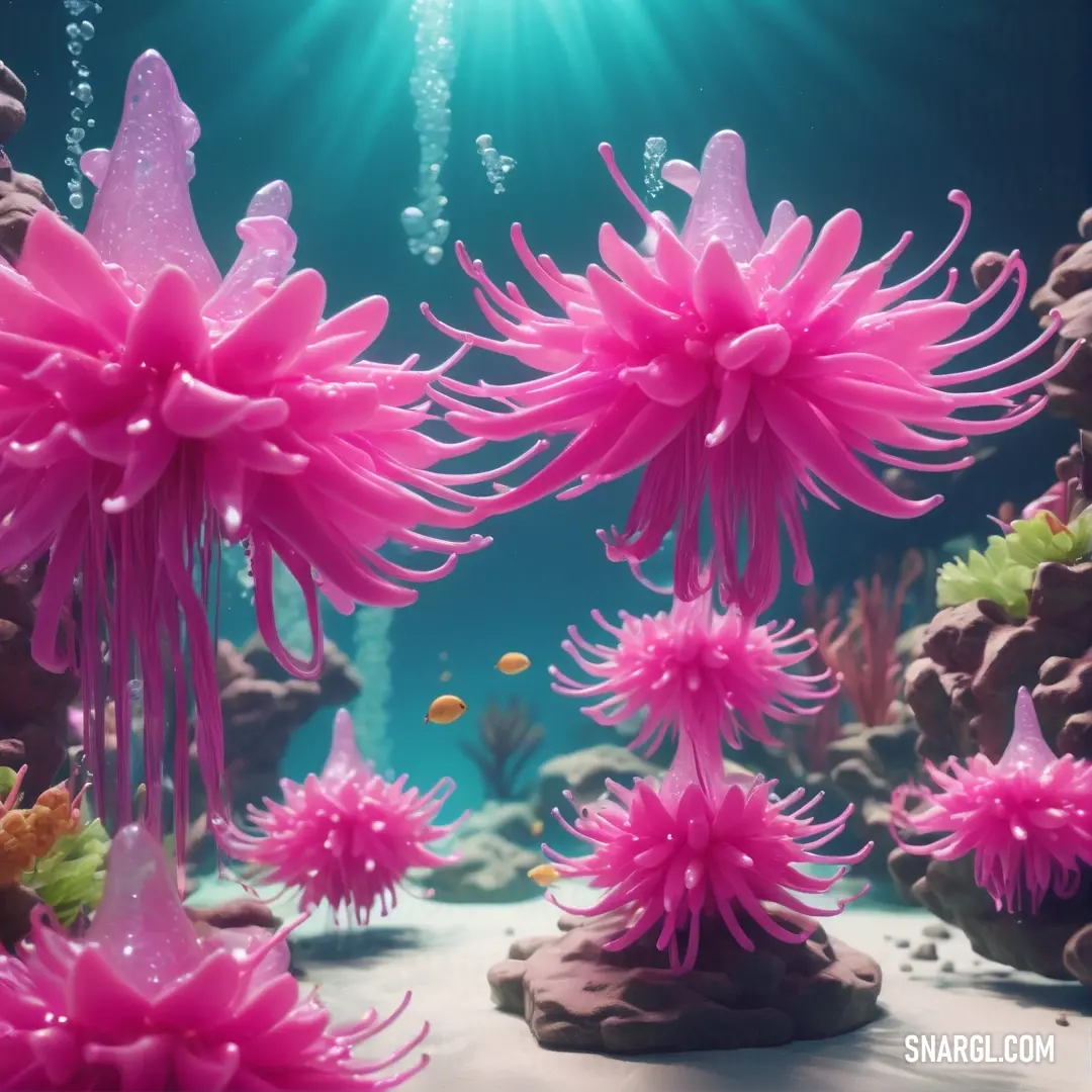 Pink sea anemone is in the water near rocks and corals with bubbles and bubbles in the water. Color CMYK 0,73,37,2.
