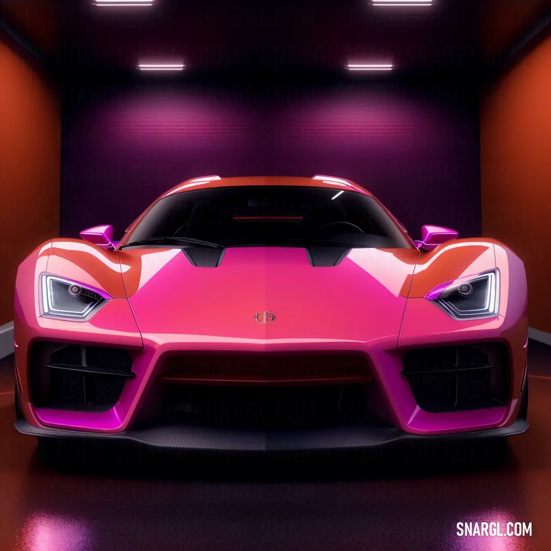 Pink sports car parked in a garage with a red wall behind it and a purple light above it