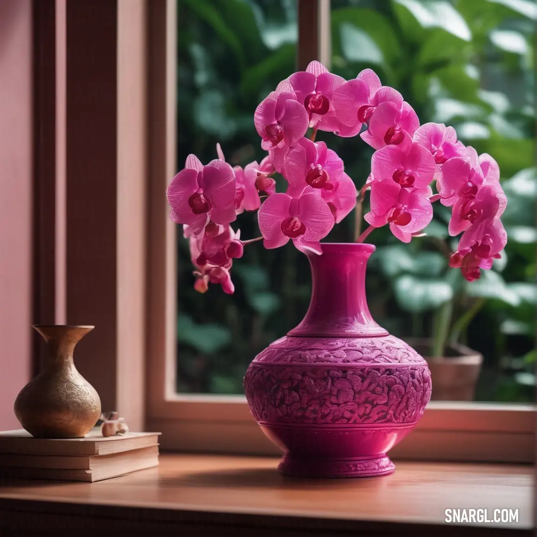 Pink vase with pink flowers in it on a table next to a window sill with a potted plant. Color CMYK 0,73,37,2.