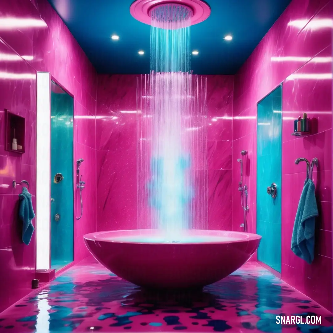 Bathroom with a pink and blue theme and a large bowl sink in the center of the room with a shower head. Color Rose bonbon.