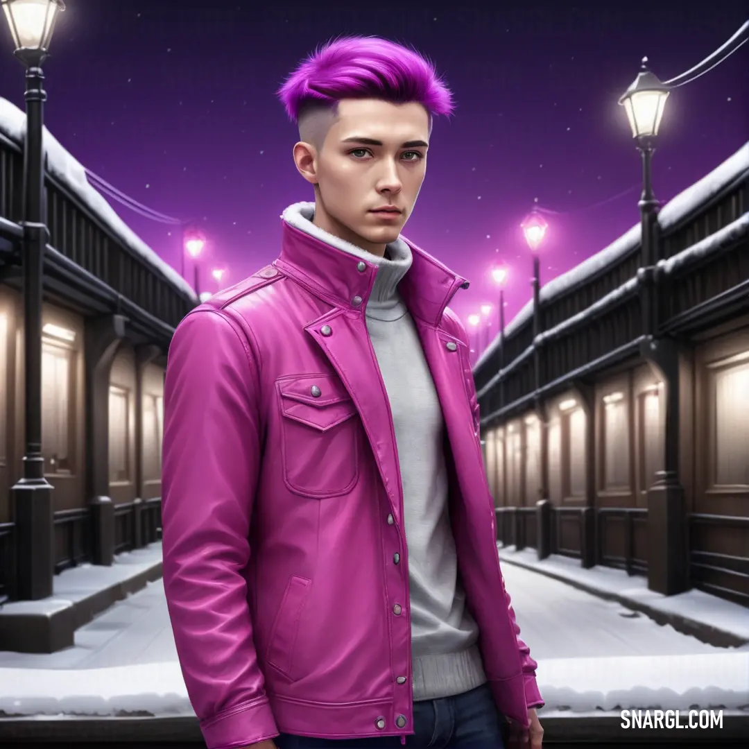 Man with purple hair standing in front of a street light and a building. Color CMYK 0,73,37,2.
