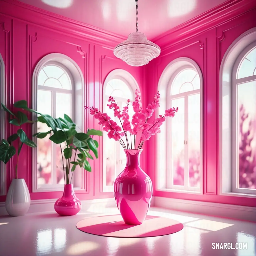 Pink room with a vase of flowers and a potted plant in it and a rug on the floor. Color CMYK 0,73,37,2.
