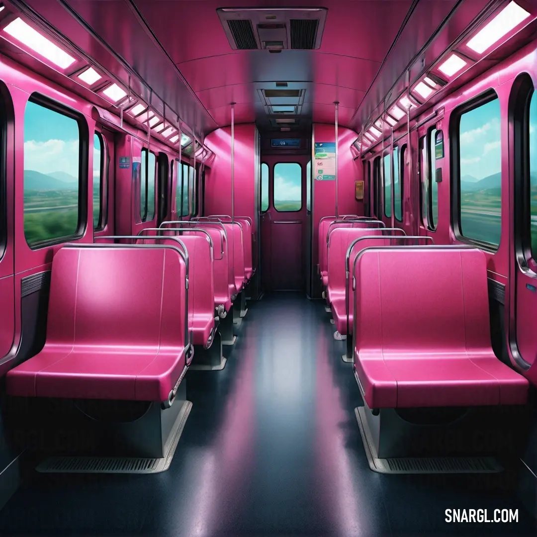 Pink train car with a lot of seats on it's sides. Example of #F9429E color.