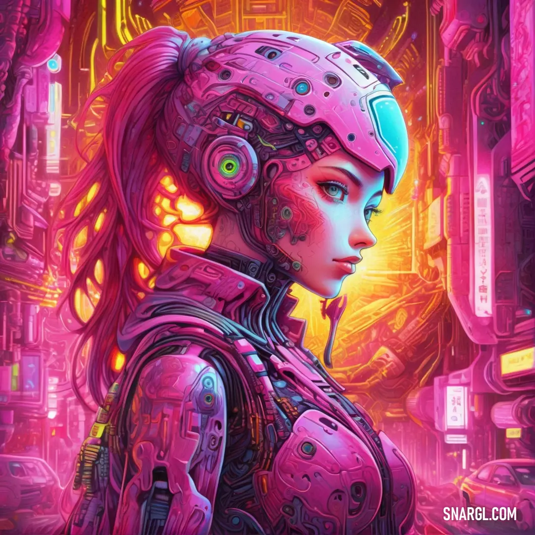 Woman with headphones on in a futuristic city with neon lights. Color #F9429E.