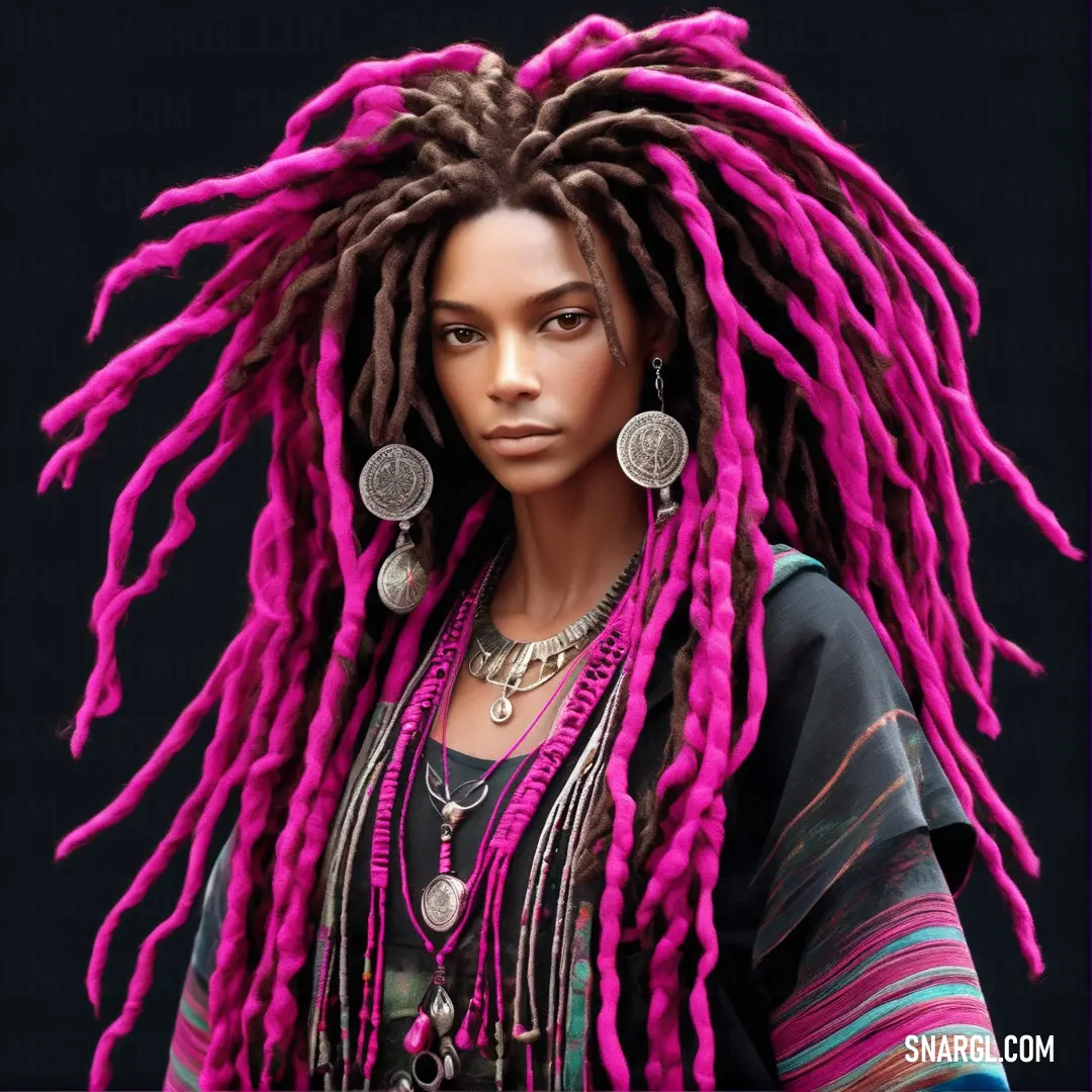Rose bonbon color example: Woman with pink dreadlocks and a necklace on her neck and chest
