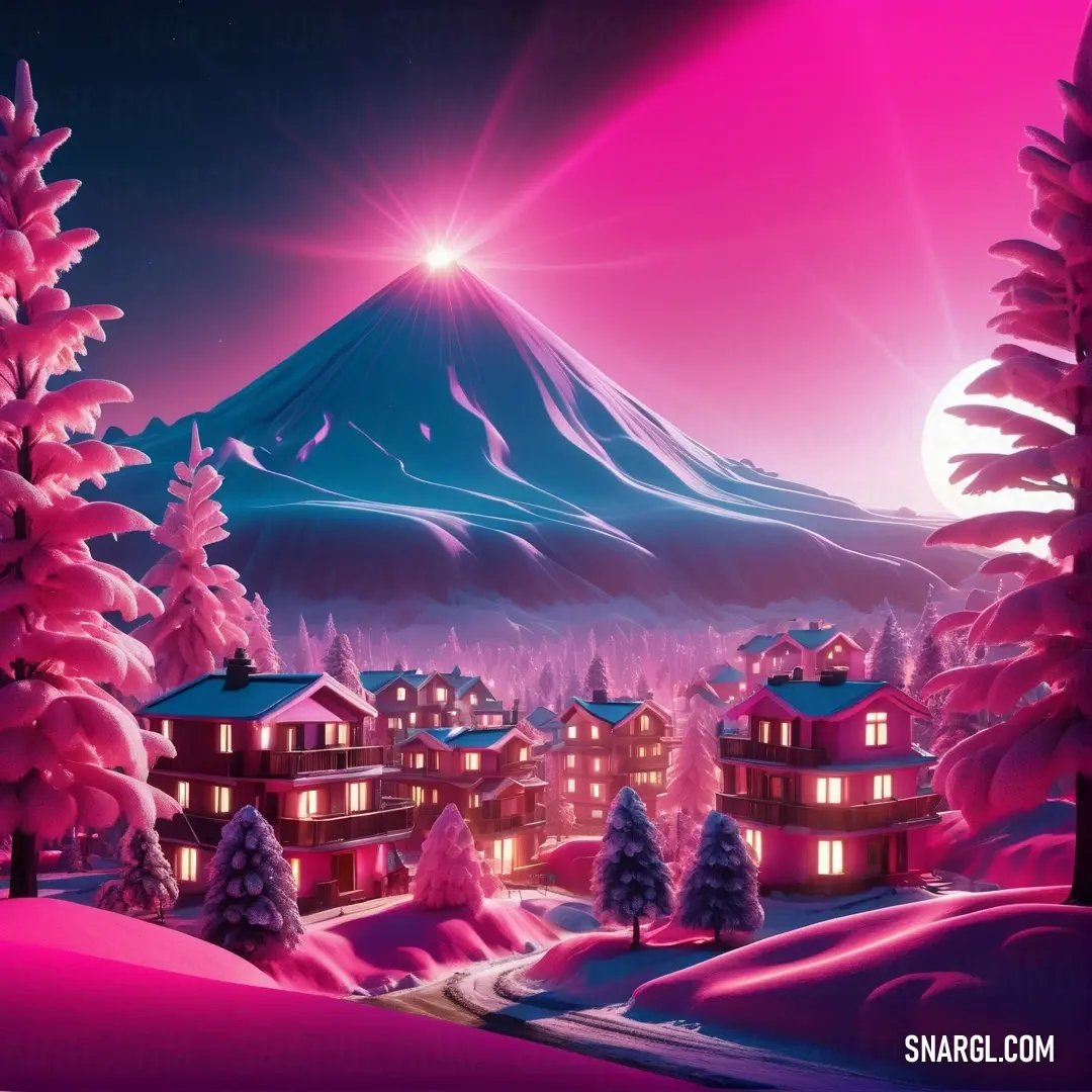 Rose bonbon color. Snowy mountain with a house and trees in the foreground and a pink sky with a sun shining