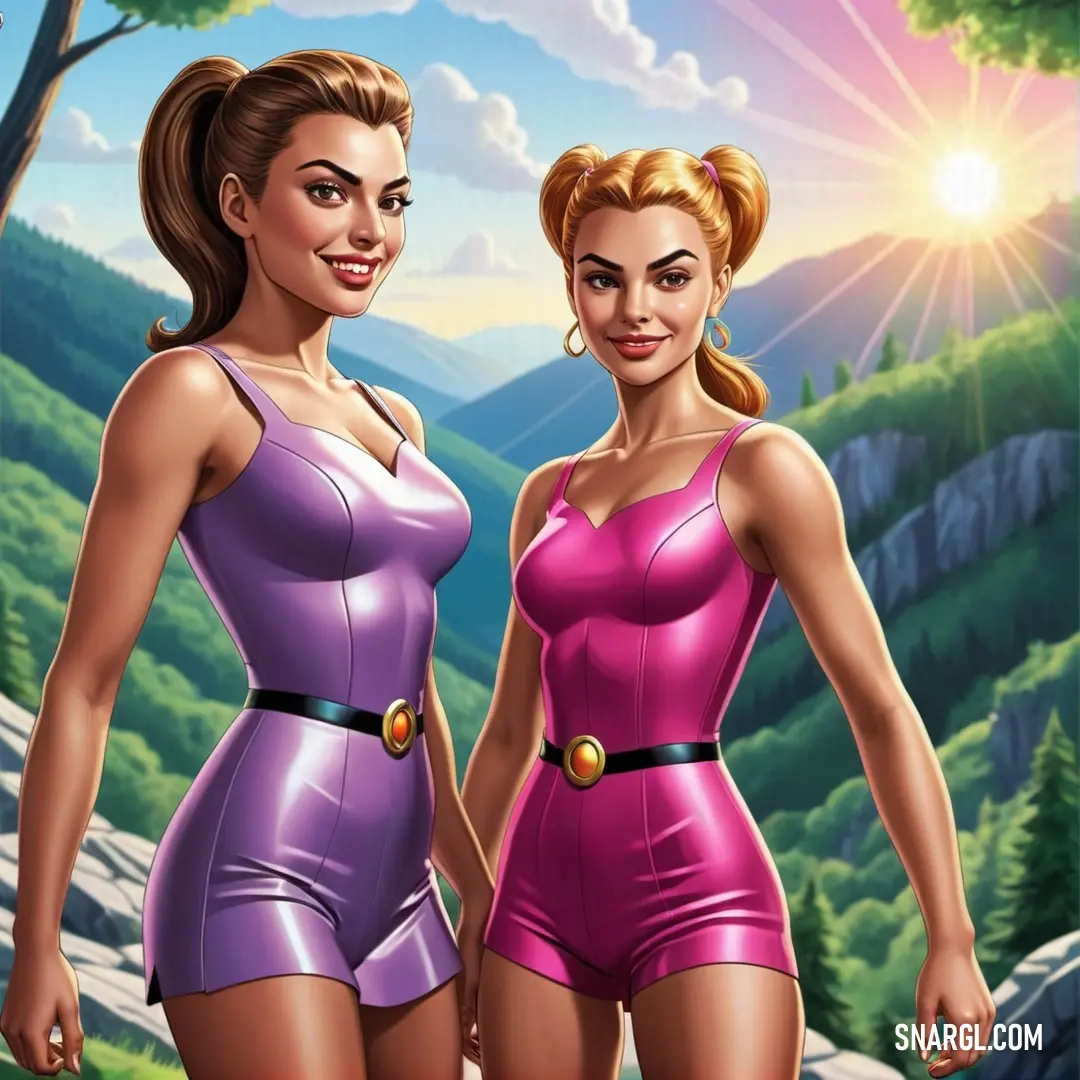 Rose bonbon color. Two women in purple and pink outfits standing next to each other in front of a mountain landscape with trees