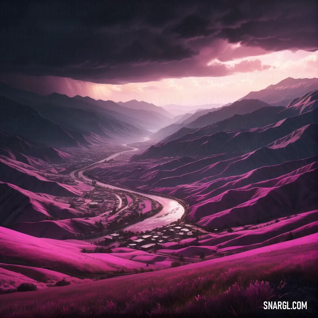Rose bonbon color. Valley with a road winding through it under a cloudy sky with a pink hued sky above it