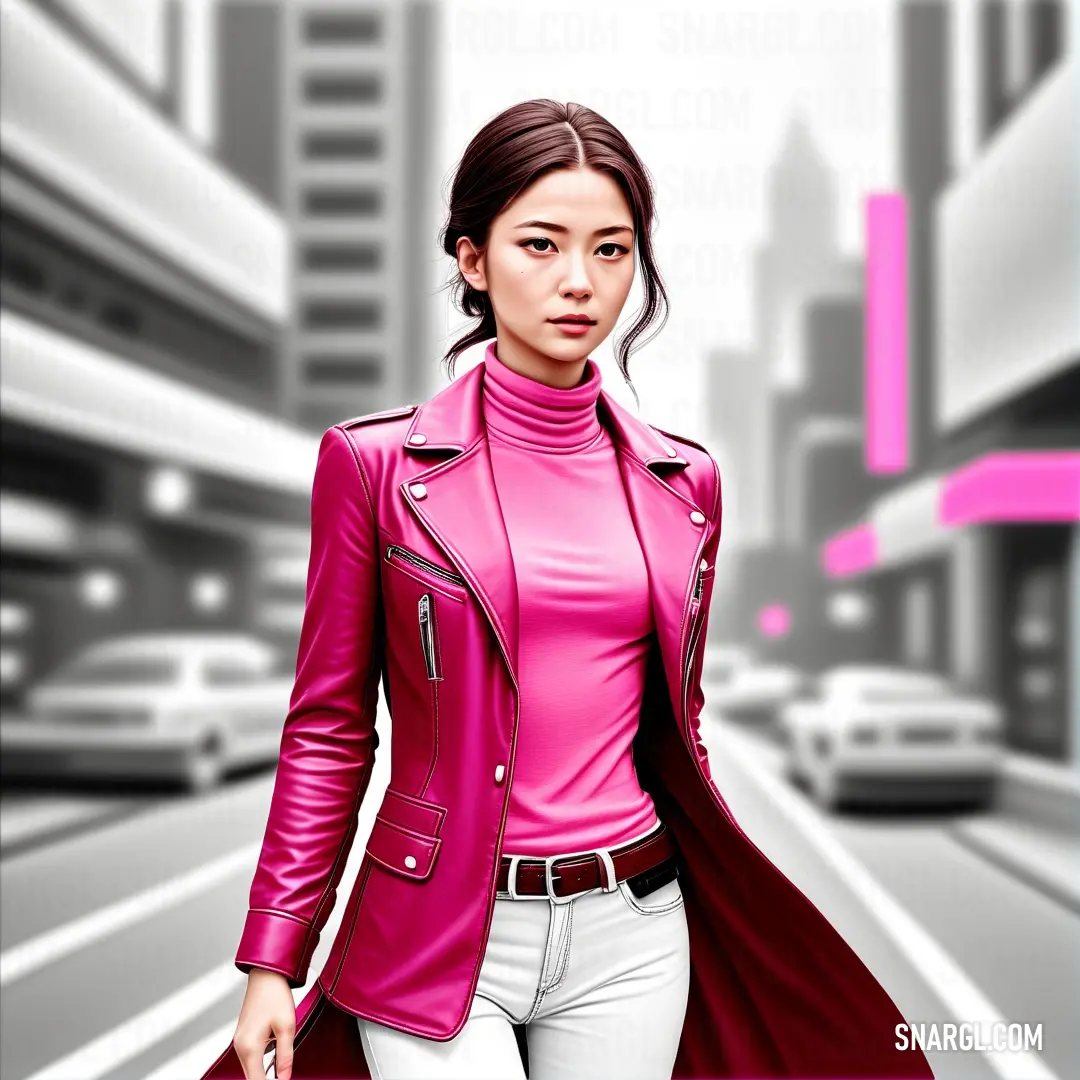 Rose bonbon color example: Woman in a pink jacket and white pants walking down a street