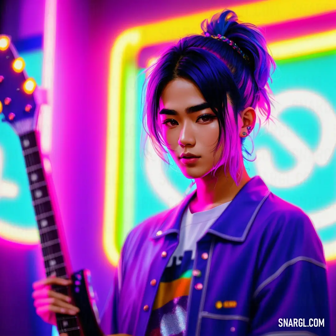 Woman with a guitar in front of a neon sign with a neon light behind her