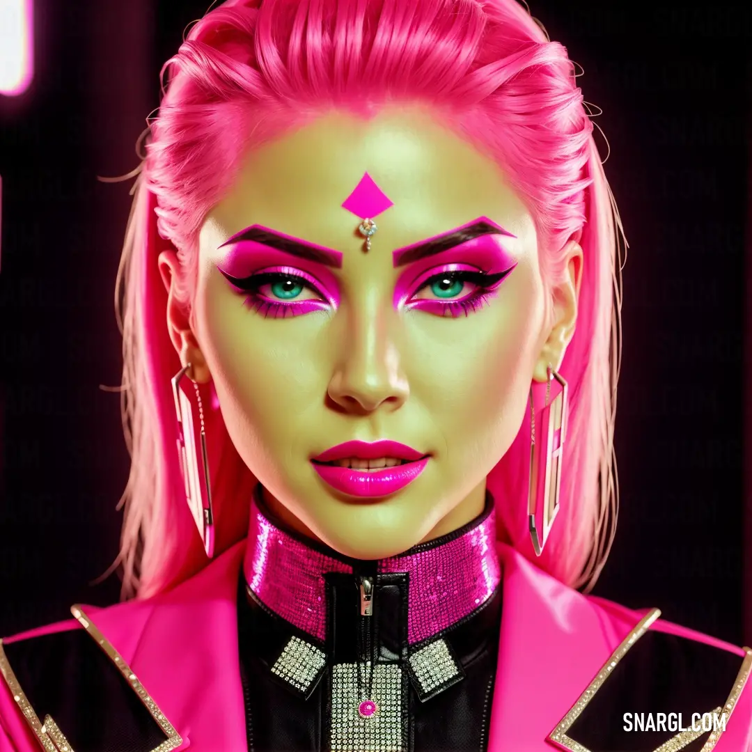 Woman with pink hair and a pink outfit with a pink triangle on her forehead