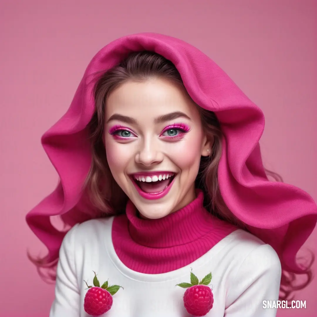 Woman with pink makeup and a pink scarf around her head and a raspberry on her cheek. Example of CMYK 0,73,37,2 color.
