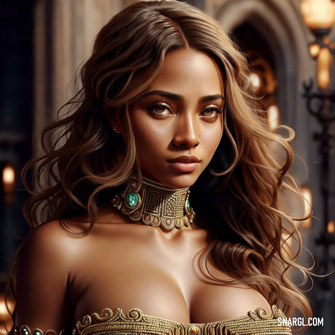 Digital painting of a woman wearing a gold dress and a green necklace with a green stone pendant on her neck