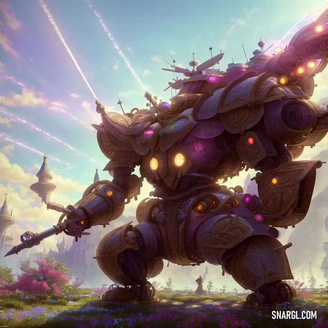 Giant robot with glowing eyes and a gun in its hand in a field of flowers and trees with a castle in the background
