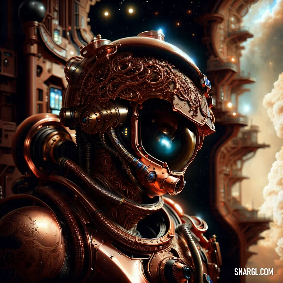 Robot with a helmet and a steampunk suit on in a space station with smoke